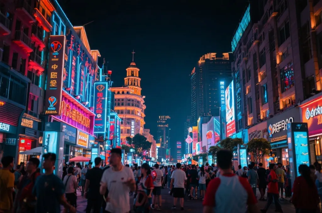 城市地标与球迷游客融合的夜景文旅氛围